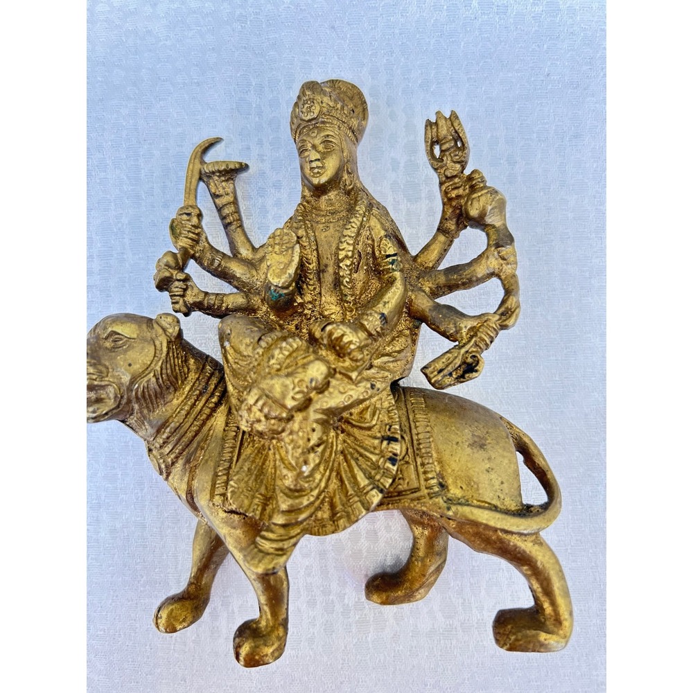 Brass Durga Statue Hindu Goddess on Lion Figurine Idol Sculpture Gold
